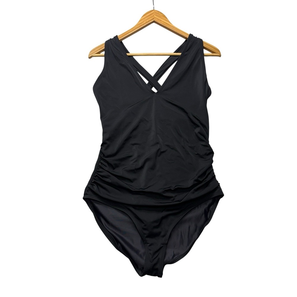 Venus Womens Swimsuit 14 Black One Piece Swim Criss Cross Back Cinched Modest